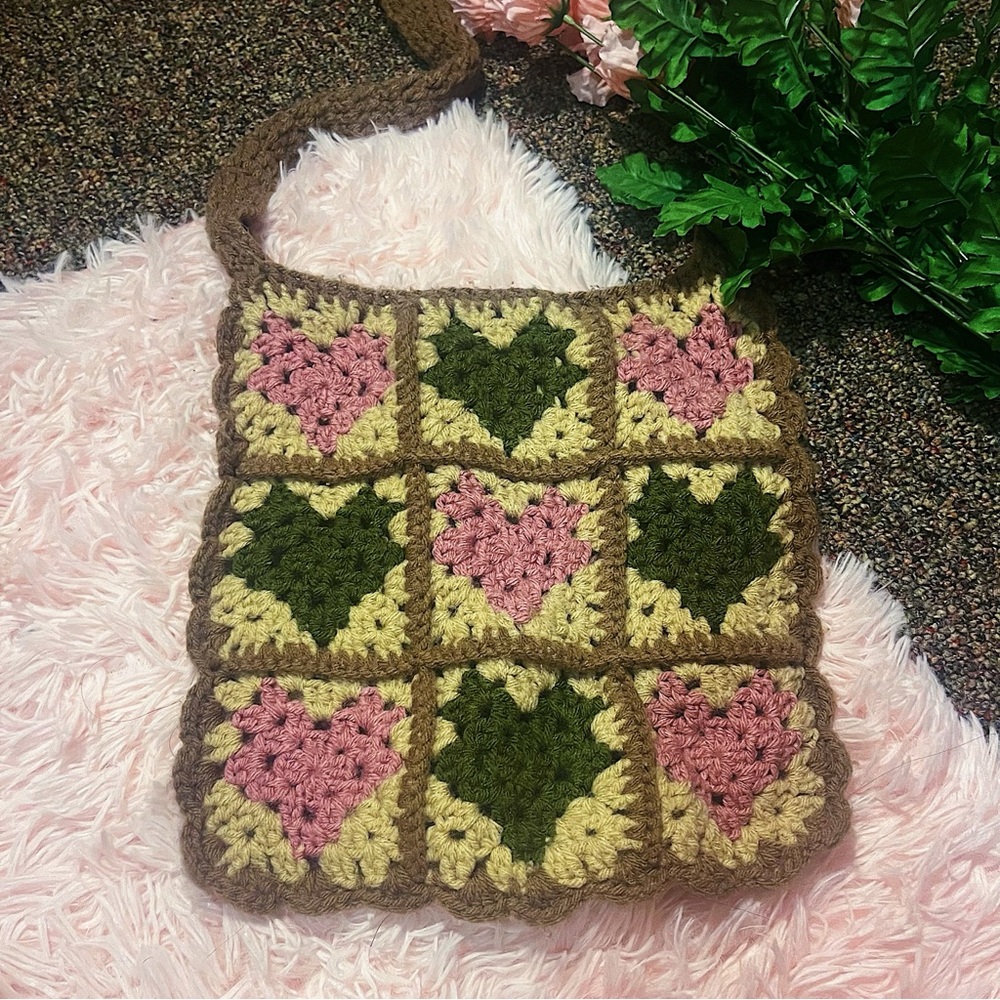 Handmade Coquette Crochet Pink and Green Heart Shoulder Bag